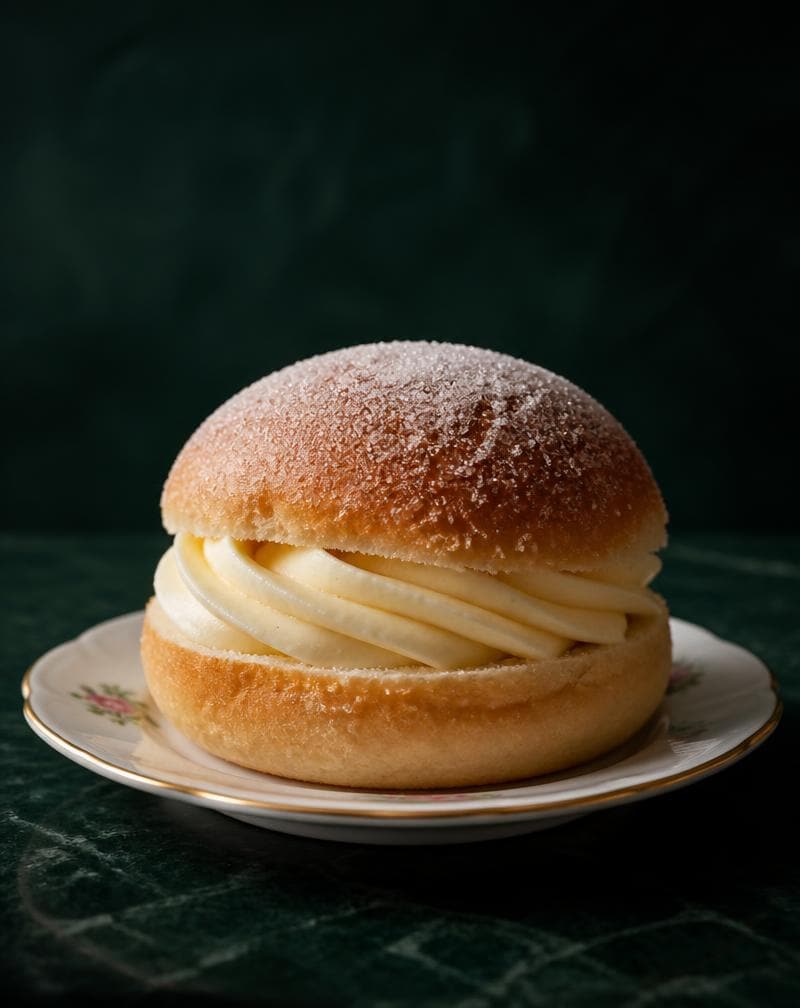Vetebulle med vaniljkräm i mitten på ett fat